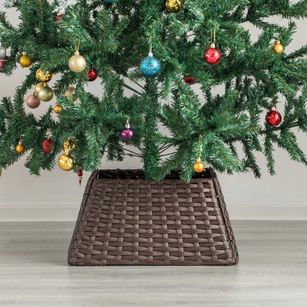Gardenised Foldable Christmas Tree Skirt Collar Basket, Ring Base Stand Cover, Rattan Plastic, Brown - QI004155.BR