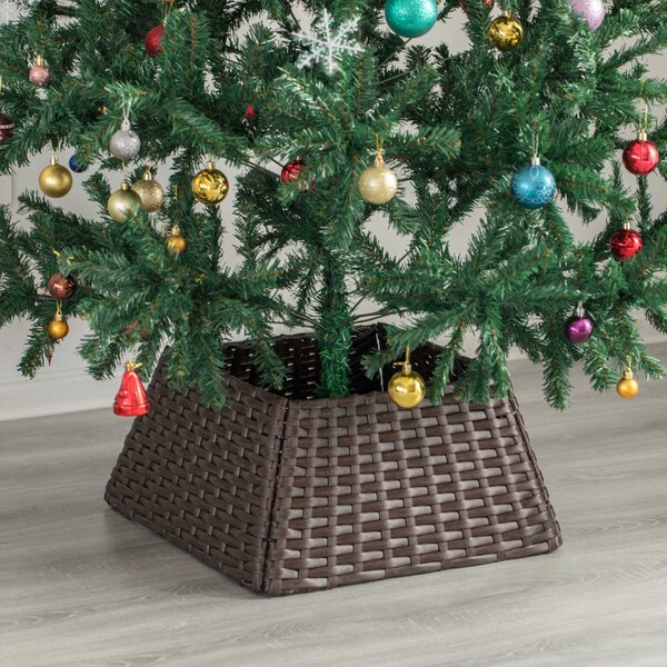 Gardenised Foldable Christmas Tree Skirt Collar Basket, Ring Base Stand Cover, Rattan Plastic, Brown - QI004155.BR