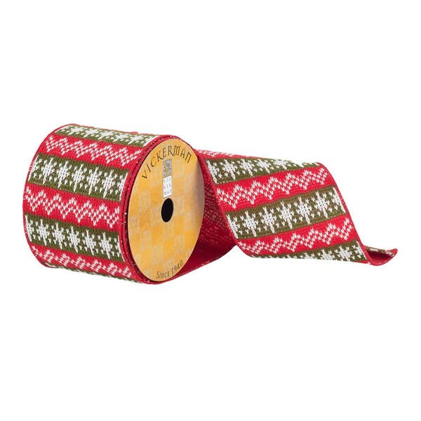 Vickerman 4 in. x 10 Yards Red & Green Knit Ribbon with White Snow Details, 24PK - Q181402