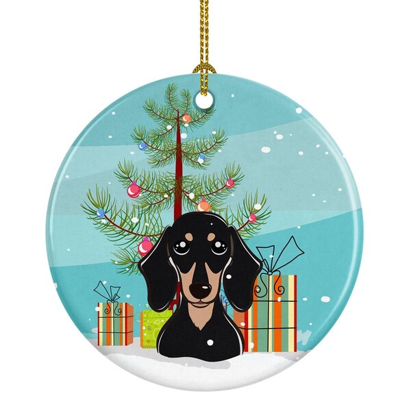Carolines Treasures Carolines Treasures BB1587CO1 Christmas Tree & Smooth Black & Tan Dachshund Ceramic Ornament - BB1587CO1