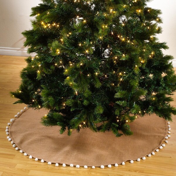 Tistheseason 53 in. Pompom Round Pompom Design Jute Holiday Decor Tree Skirt - Natural - TI1620678