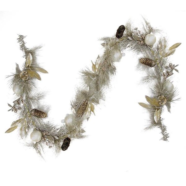 Northlight Seasonal Glitter Champagne Gold Pomegranate Apple Pine Cone and Berry Christmas Garland - 31738047