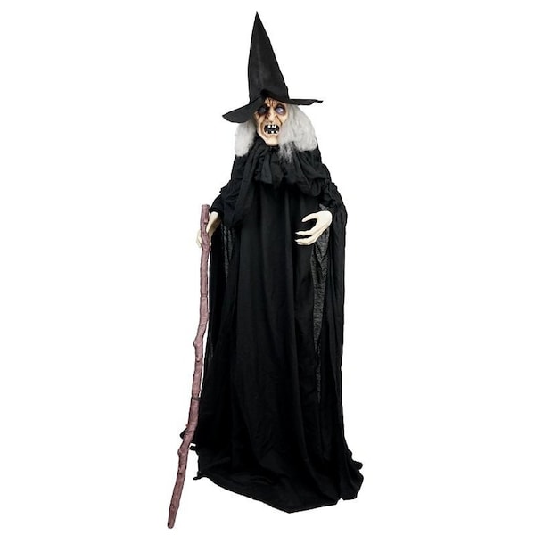 Santas Forest Animated Witch w/Cane, 6 ft H, Metal, PVC, Internal Light/Music: Internal Sounds, Indoor/Outdoor - 56911