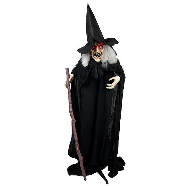 Santas Forest Animated Witch w/Cane, 6 ft H, Metal, PVC, Internal Light/Music: Internal Sounds, Indoor/Outdoor - 56911