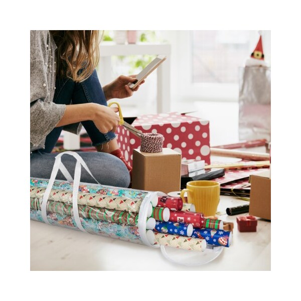 Hastings Home Set of 2 Wrapping Paper Storage Bag Organizers for 30" Rolls of Gift Wrap, Clear Totes with Handles - 779175DBS