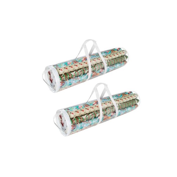 Hastings Home Set of 2 Wrapping Paper Storage Bag Organizers for 30" Rolls of Gift Wrap, Clear Totes with Handles - 779175DBS
