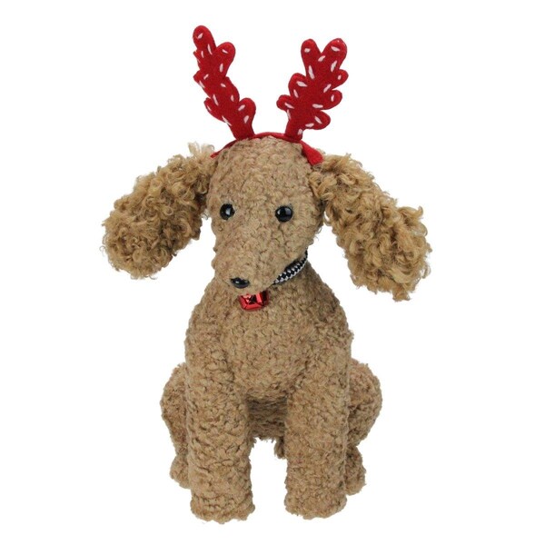 Go-Go 14.5 in. Plush Tan Bichon Frise Puppy Dog with Red Antlers Christmas Decoration - GO1800256