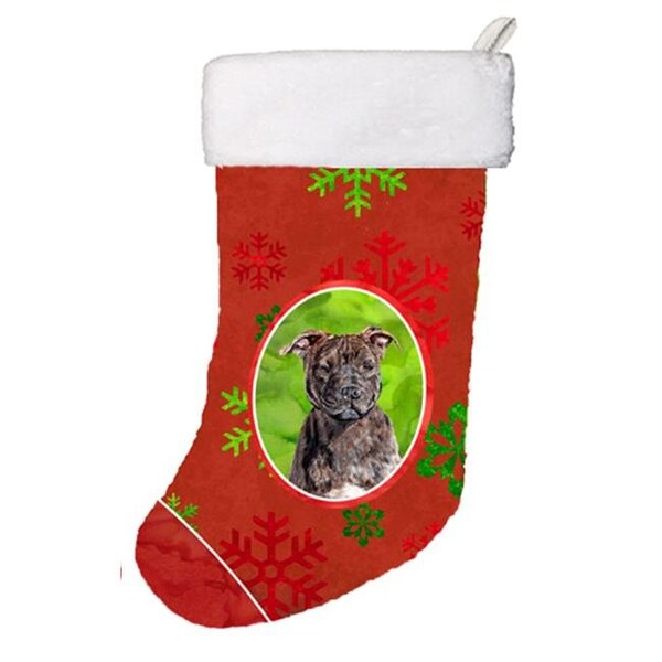 Carolines Treasures Carolines Treasures SC9753-CS Staffordshire Bull Terrier Staffie Red Snowflakes Holiday Christmas Stocking; 11 x 8 In. - SC9753-CS