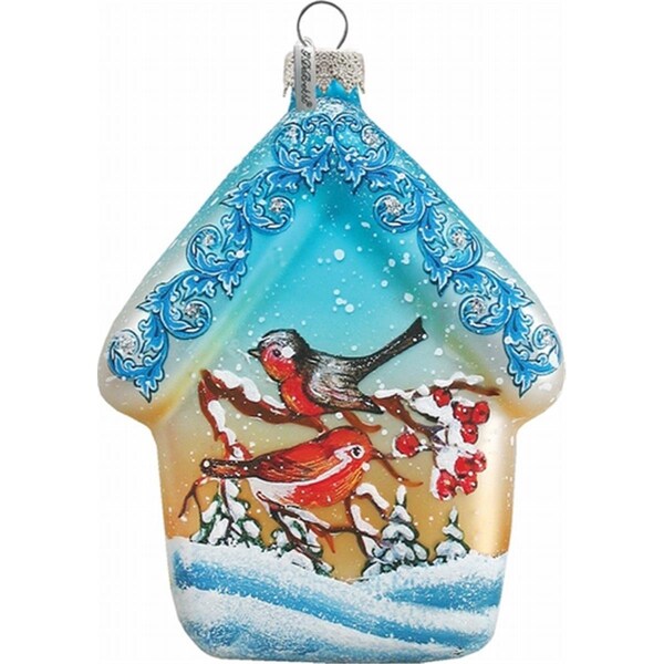 Gloriousgifts Holiday Splendor Glass Red Robin House 35 in Glass Ornament - GL299406