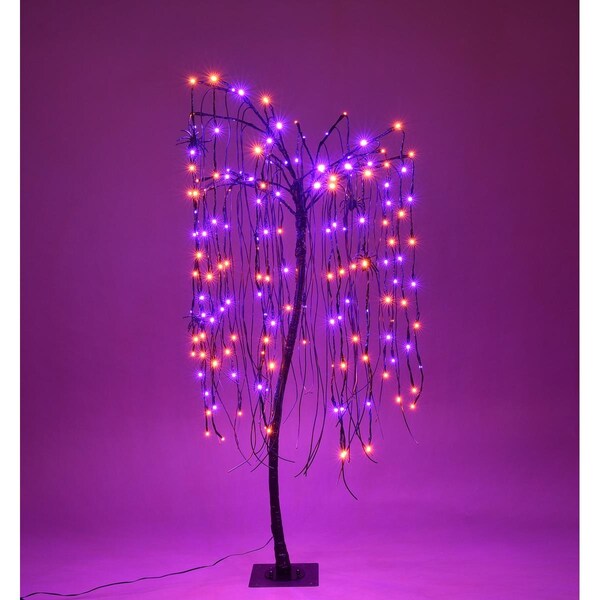 Queens Of Christmas 4 ft. Halloween Willow Tree with Purple & Orange LED, Black - LED-WLLW-04-LPO