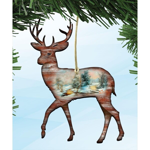 Gloriousgifts 8198211 Deer Scenic Wooden Ornament Set of 2 - GL1774716