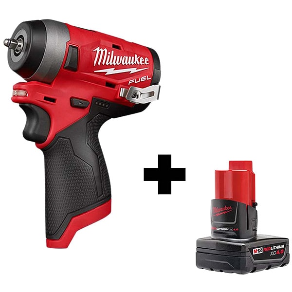 Milwaukee Tool Impact Wrench, Cordless, 12V DC, 3200 RPM, Includes Battery (4.0 Ah) - 2552-20, 48-11-2440