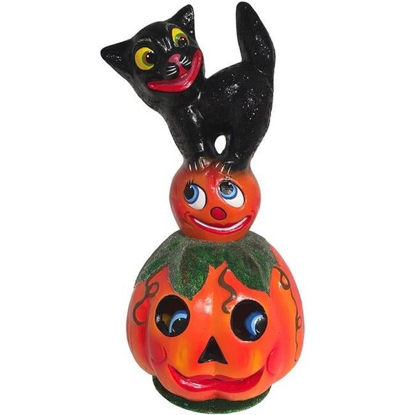 Alexander Taron Schaller Paper Mache Candy Container - Cat on Pumpkin - 13 x 6.5 x 6.25 in. - 416