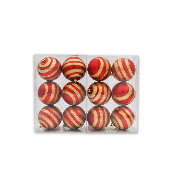 Queens Of Christmas 4 in. Ball Ornaments with Gold Glitter Lines, Red - ORN-12PK-LN-GO