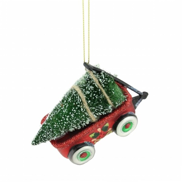 Northlight Seasonal Red Green and Black Glittered Glass Wagon with Tree Christmas Ornament - 31752615
