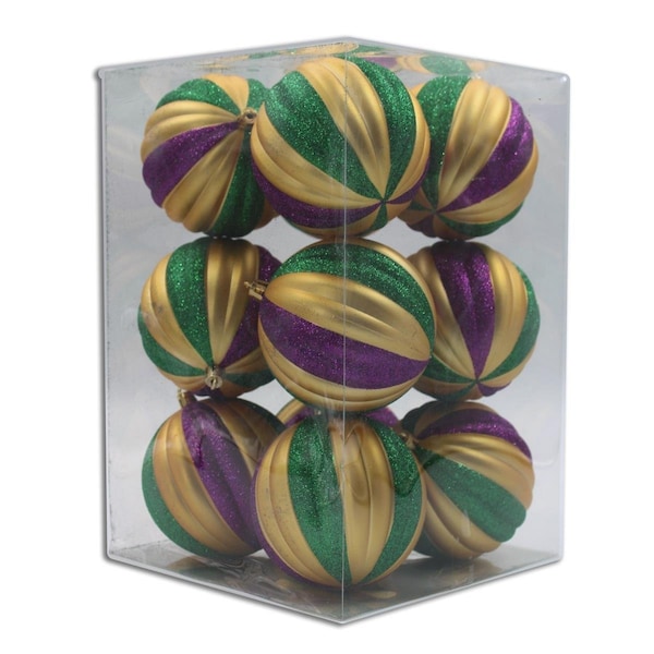 Queens Of Christmas Ball Ornaments Green Gold & Purple, 12PK - ORNPK-STRPB-MARDI-12
