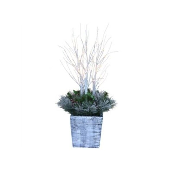 Puleo Asia 36 in. 54 Warm White LED Lights Christmas Porch Pot with Birch & PVC Greenery - 252689