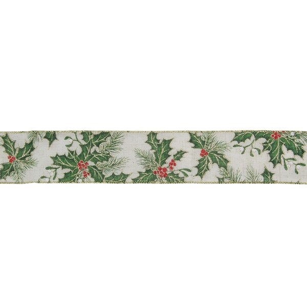 Go-Go 2.5 in. x 16 yards Christmas Holly Berries Wired Craft Ivory Ribbon - GO1763733