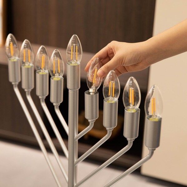 Vintiquewise Large Modern Antique Silver Nine Branch Electric Chabad Style Hanukkah Menorah with Flame - QI004626-SI