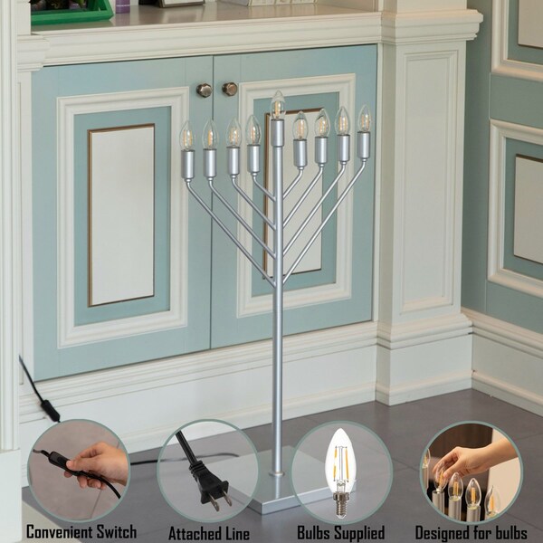 Vintiquewise Large Modern Antique Silver Nine Branch Electric Chabad Style Hanukkah Menorah with Flame - QI004626-SI