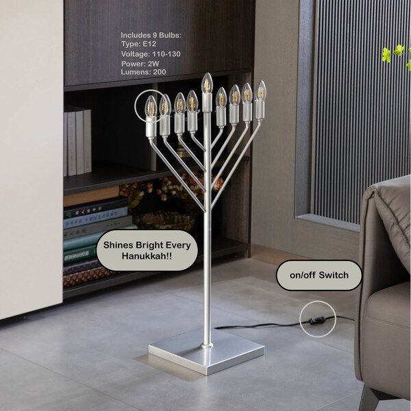 Vintiquewise Large Modern Antique Silver Nine Branch Electric Chabad Style Hanukkah Menorah with Flame - QI004626-SI