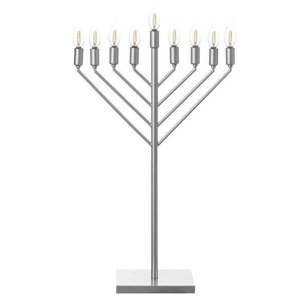 Vintiquewise Large Modern Antique Silver Nine Branch Electric Chabad Style Hanukkah Menorah with Flame - QI004626-SI