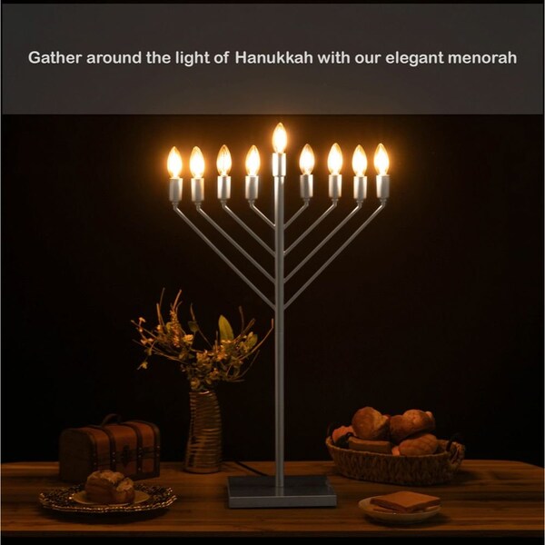 Vintiquewise Large Modern Antique Silver Nine Branch Electric Chabad Style Hanukkah Menorah with Flame - QI004626-SI
