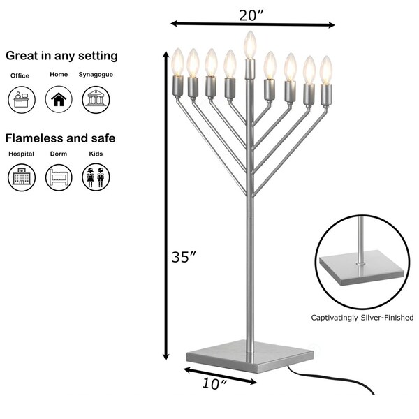 Vintiquewise Large Modern Antique Silver Nine Branch Electric Chabad Style Hanukkah Menorah with Flame - QI004626-SI