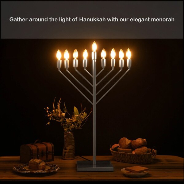 Vintiquewise Large Modern Antique Silver Nine Branch Electric Chabad Style Hanukkah Menorah with Flame - QI004626-SI