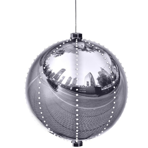 Santas Forest Ornament, 3 in H, Round Bulb, Plastic, Sliver, Internal Light/Music: Internal Light - 60822