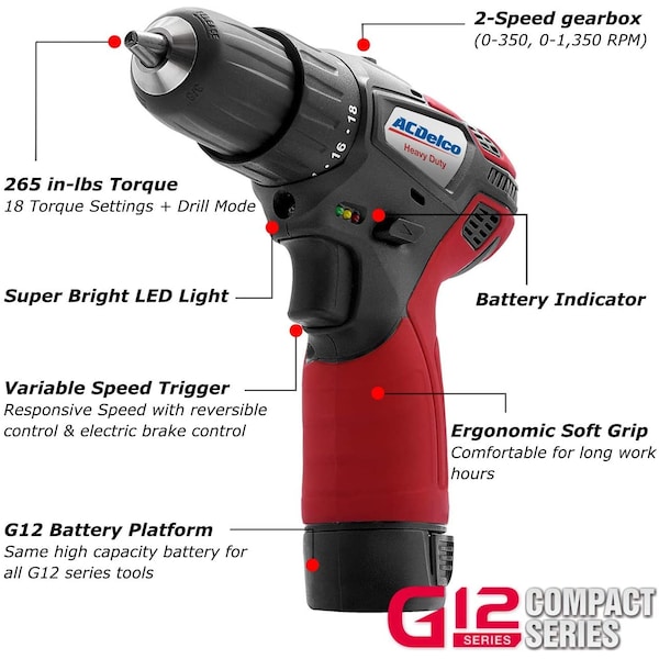 Acdelco G12 K5 Combo 3/8" Drill Driver+ 1/4"Impact Driver, 2-battery - ARI12105-K5