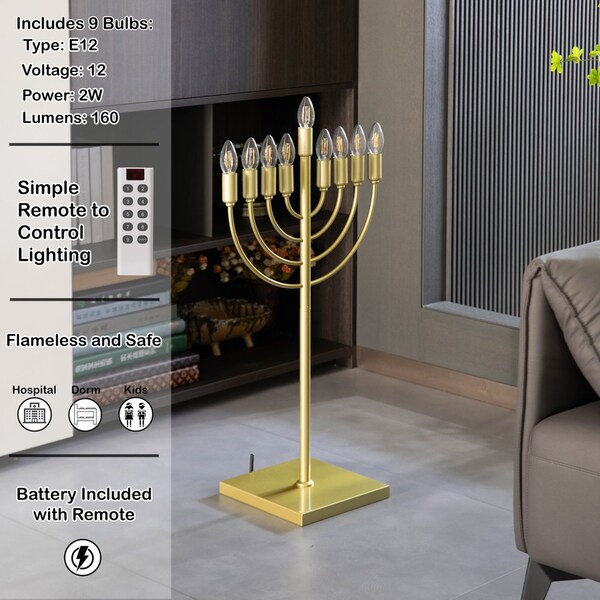 Vintiquewise Gold Finish Modern Contemporary Hanukkah Menorah with Remote Control for Home, Office, or - QI004694.GD