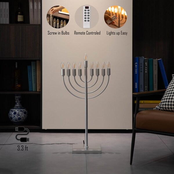 Vintiquewise Silver Finish Modern Contemporary Hanukkah Menorah with Remote Control for Home, Office, or - QI004694.SL