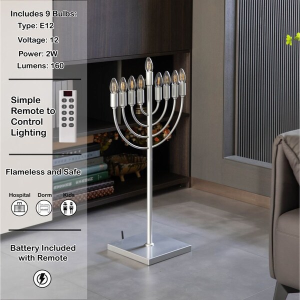 Vintiquewise Silver Finish Modern Contemporary Hanukkah Menorah with Remote Control for Home, Office, or - QI004694.SL