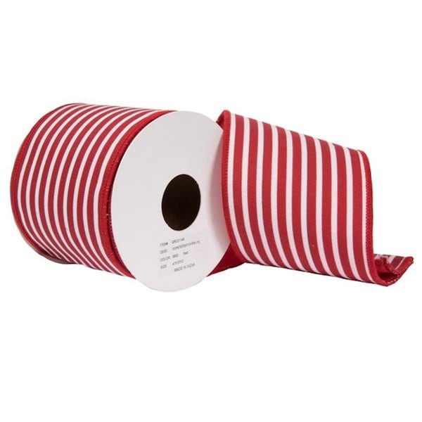 Vickerman 4 in. x 10 Yard Red Horizontal Red Stripe Print on Bovet Lining Ribbon - QR221149