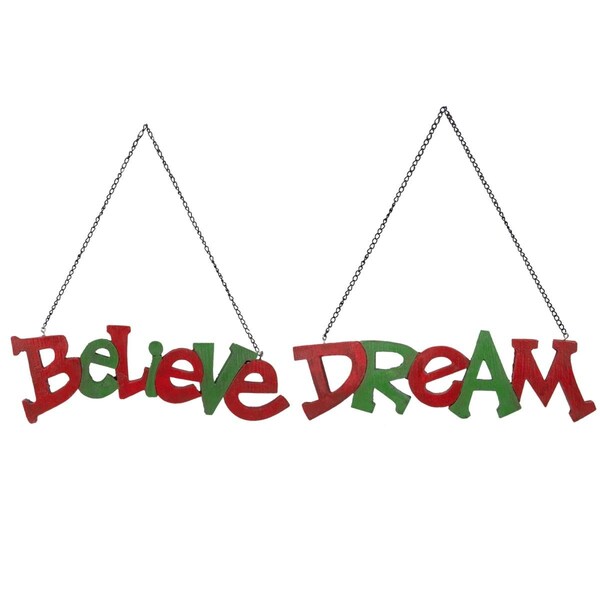 Back2Basics 9.5 in. Hanging Believe & Dream Christmas Wall Decoration, Red & Green - BA1777158