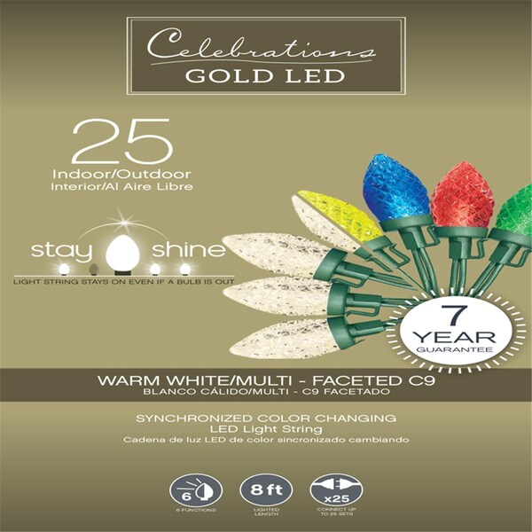 Goldengifts 8 ft. Gold LED C9 Multi Color & Warm White String Christmas Lights - 25 Count - GO3310870