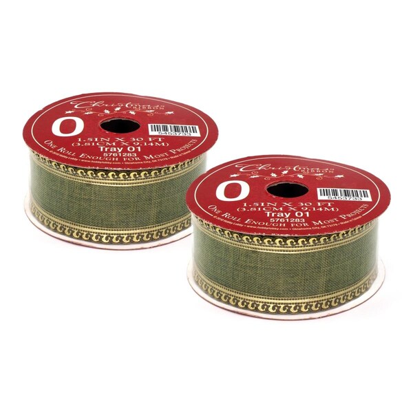 Queens Of Christmas Olive Green Ribbon with Gold Metalic Trim, 2PK - RBN-5453733-GRGO-2PK