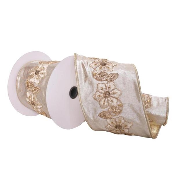 Vickerman 4 in. x 5 Yard Champagne & Gold Floral Wired Edge Christmas Ribbon - Q222749