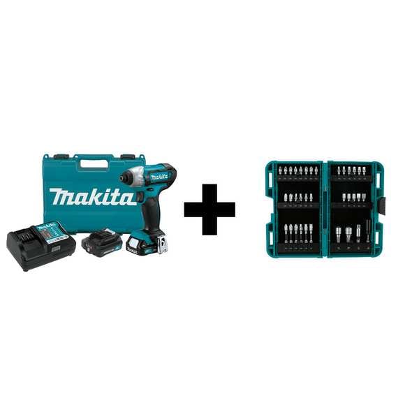Makita Cordless Impact Drivers, Drive Size 1/4 in Hex, Includes Batteries(2Ah), Charger & Tool Case - DT03R1 + E-01666
