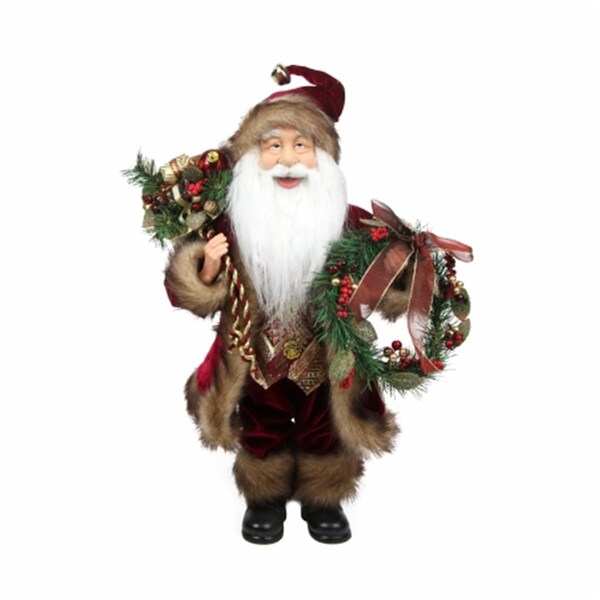 Coolcollectibles Country Cabin Santa Claus in Burgundy Holding a Wreath and Gift Bag Christmas Figure - CO72566