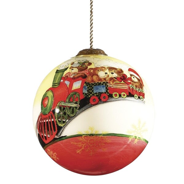 Homeroots Teddy on Toy Train Hand Painted Mouth Blown Glass Ornament, Multi Color - 477459