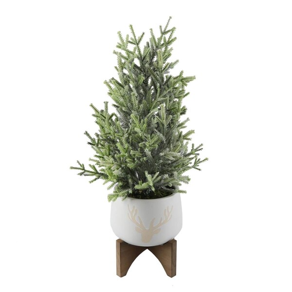 Espectaculo 20ft.H Frosted Xmas Tree in Staghead Ceramic on Wood Stand - White - 9.75in. x 9.75in. x 20in. - ES2965315