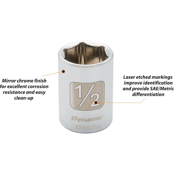 Dynamic Tools 1/4" Drive 6 Point SAE, 3/8" Standard Length, Chrome Socket - D003312
