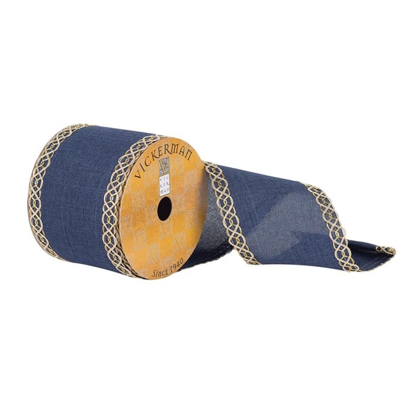 Vickerman 3.75 in. x 10 Yards Blue Dupioni Ribbon with Gold Swirl Edge, 24PK - Q181345