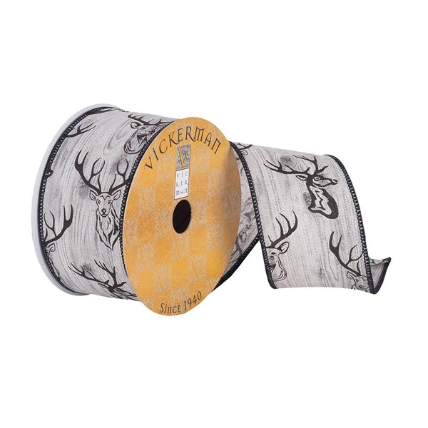 Vickerman 2.5 in. x 10 Yards Gray Wood Grain with Deer Head Ribbon, 72PK - Q180347