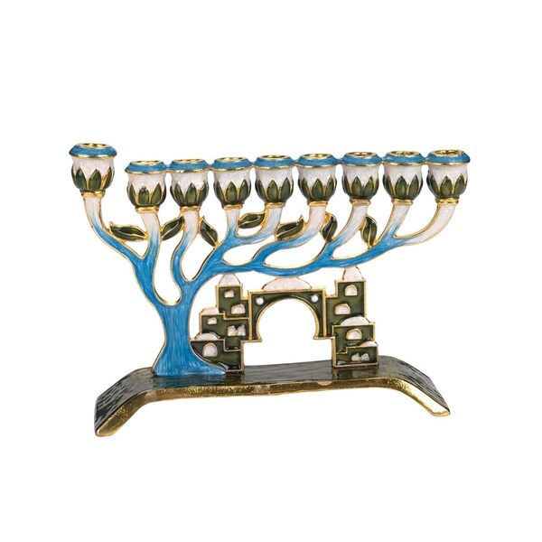 Ss Collectibles Menorah with Tree of Life & Crystal Accents of Old Jerusalem - Blue & Brass - SS3493762