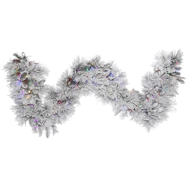 Vickerman 9 ft. x 18 in. Flocked White on Green Alberta Christmas Tree with Cone Garland 150 Mauve LED Light - A155319LED