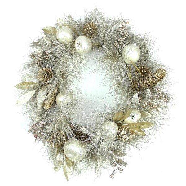 Northlight Seasonal Glitter Champagne Gold Pomegranate Apple Pine Cone and Berry Christmas Wreath - 31738027