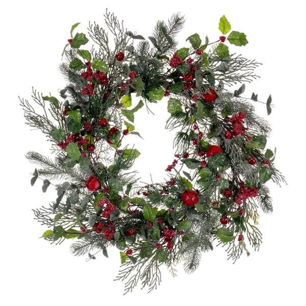 Vickerman 24 in. Green Holly Pine & Red Jingle Bell Wreath - FQ221724
